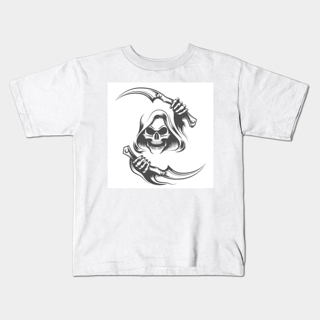 Skull in the Hood with Two Scythes Tattoo Kids T-Shirt by devaleta